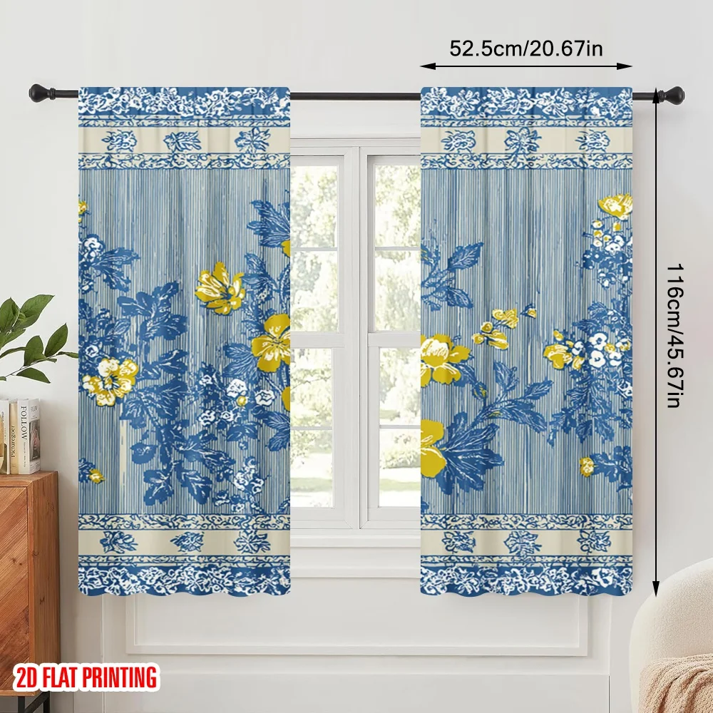 2 قطعة، ستائر مطبوعة بطباعة طائرة أزرق أصفر خطوط زهرية بوليستر (بدون قضيب) ديكورات داخلية للاستخدام لغرفة النوم،