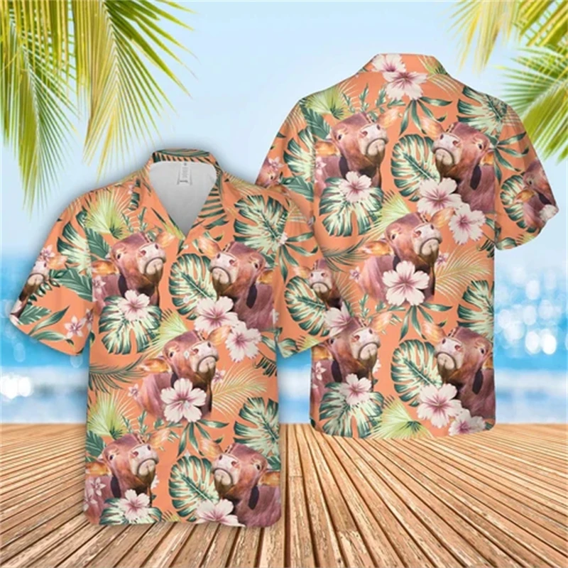 Summer Hawaiian Cow 3D Printed Beach Shirts Aloha Animal Short Sleeve Vacation Women Lapel Blouse Fashion Button Y2k Tops Shirt