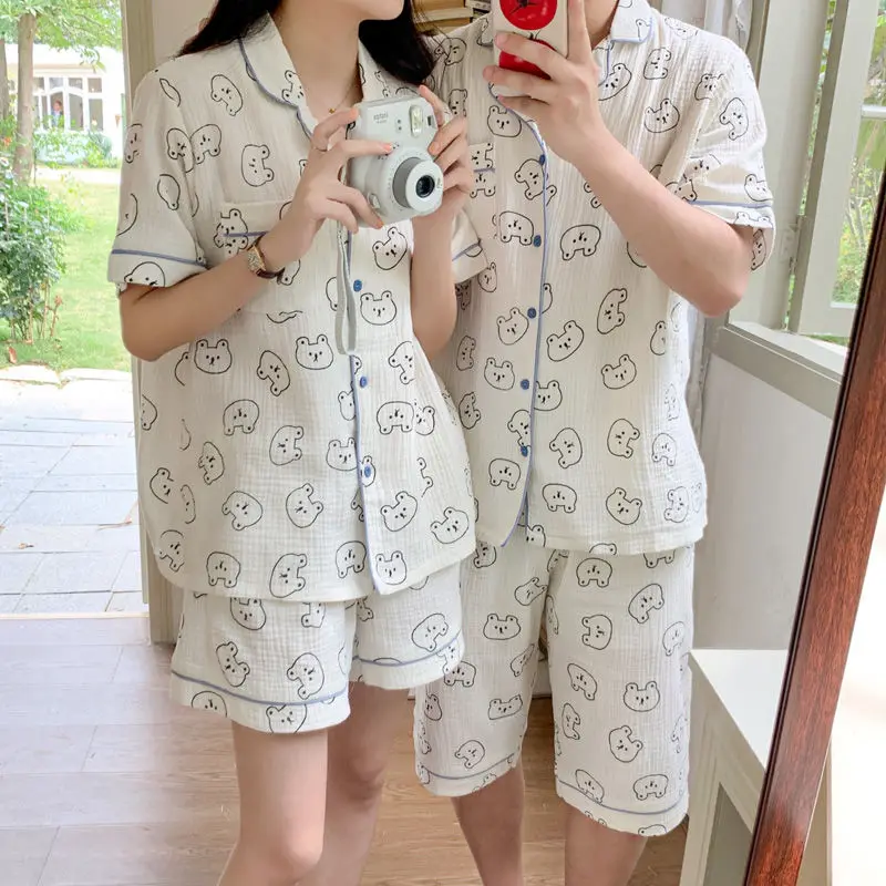 Ins cute bear cotton couple pajamas men and women summer short-sleeved shorts Korean version of homewear two-piece suit