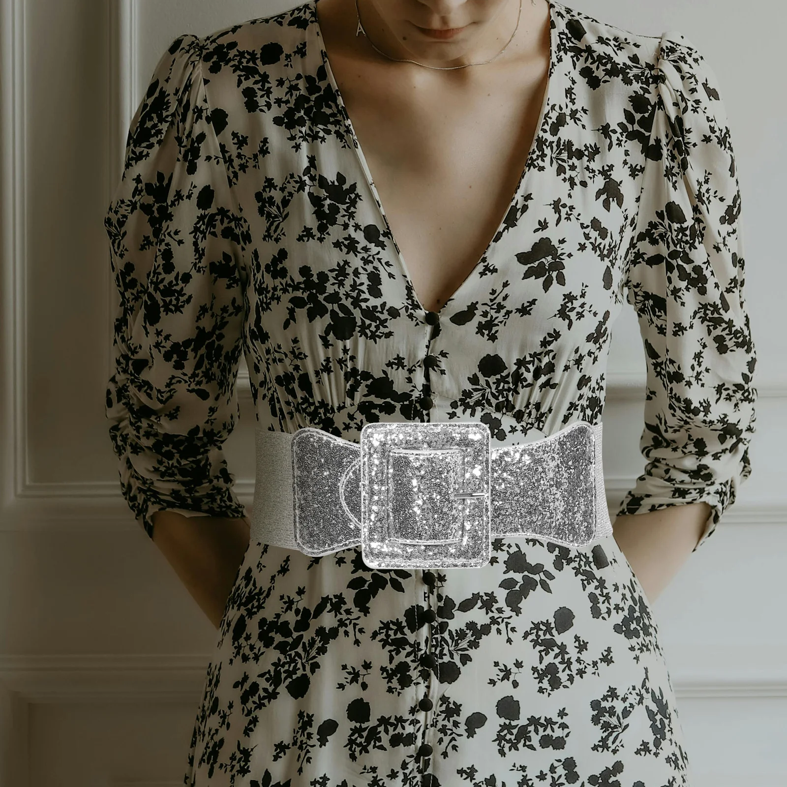 

Women Vintage Waist Belt Glitter Elastic Wide Cinch Belt Chunky Buckle Stretchy Waistband for Dress Skirts Pants Silver Fashion