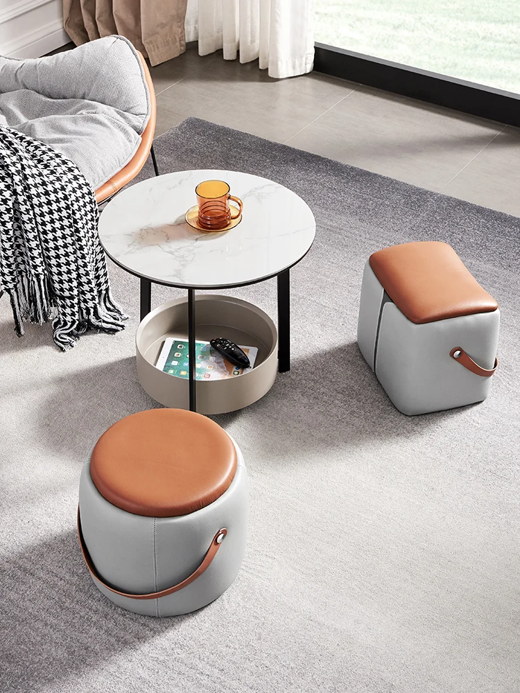 Minimalist Creative Leather Small Stool Bench Living Room Soft Seats round Stool Stool Home Children Low Stool Footstool