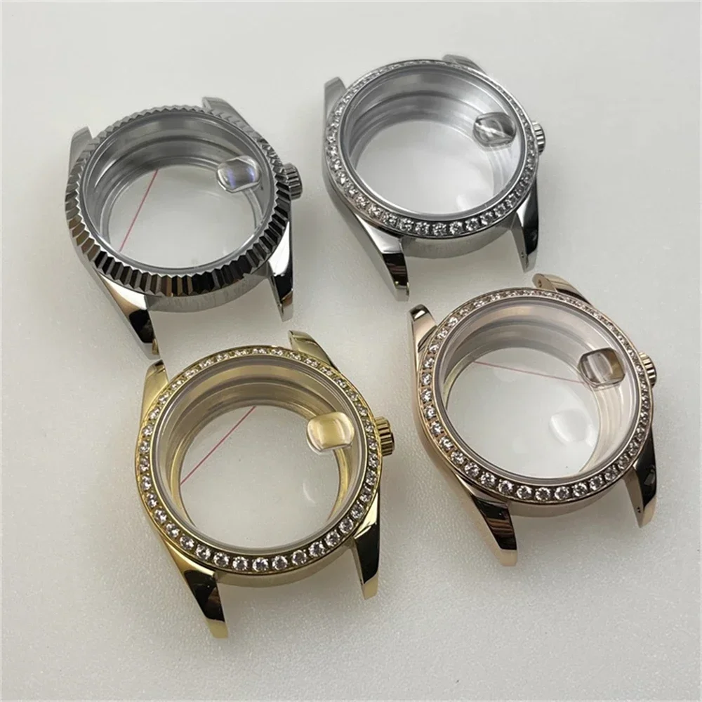 Stainless Steel NH35 Case 36mm Fashion Rhinestones Bezel Sapphire Glass Watch Case Fits NH35A NH36 4R35A 4R36A Movement NEW DIY