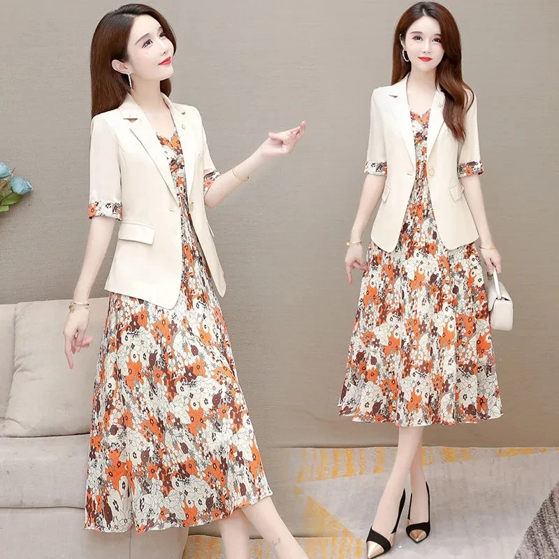 Summer Casual Floral Dress Suits Women 2 Piece Set Korean Thin Half Sleeve Blazer Jacket + Sleeveless Chiffon Tank Dress Outfits