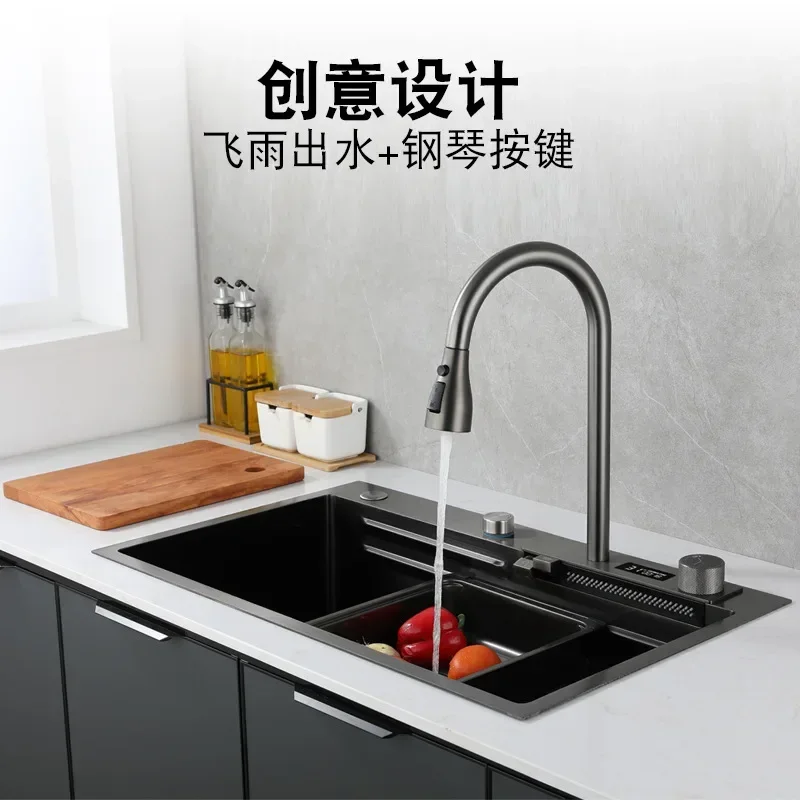 Hot saleswaterfall digital display faucet multi-functional Farmhouse sink with Kitchen Sink Accessories with Cup Washer Sinks