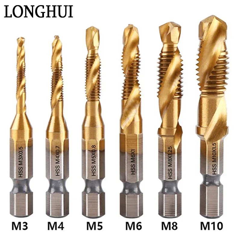 

6PCS Compound Tap Drill Bit Set Hex Shank Titanium Plated HSS Screw Thread Bit Screw Machine Tap M3 M4 M5 M6 M8 M10 Hand Tools