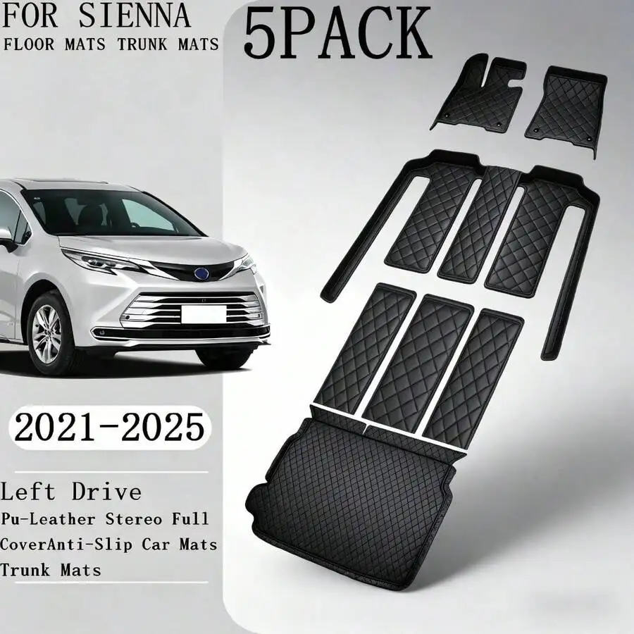 

5Pcs PU Leather Black Car Floor Mats And Trunk Mats For Sienna 2021-2025 Left Drive Full Coverage