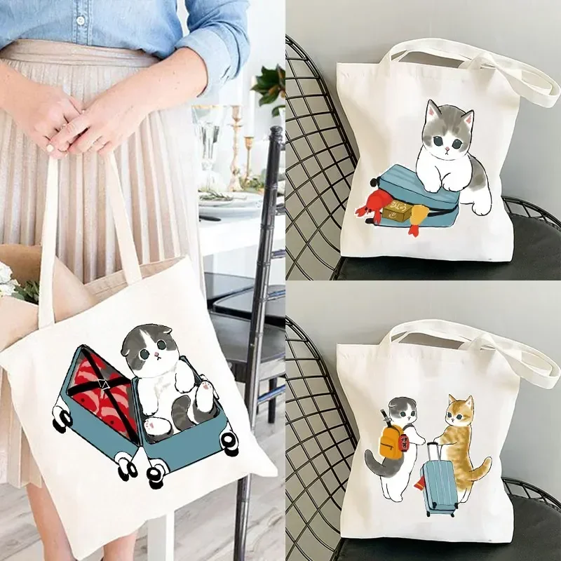 Reusable Shopper Teacher Student Book Bags Japan Mofusand Cat White Canvas Women Shopping Bags Animal Girl Shoulder Cloth Bags