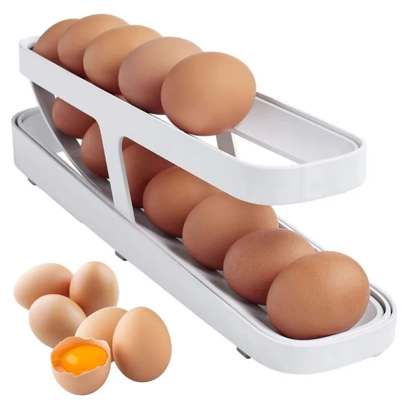 Multi-Layer Rolling Egg Storage Rack for Fridge and Kitchen Organizer with Food-Grade Egg Tray for Egg Storage and Dispensing