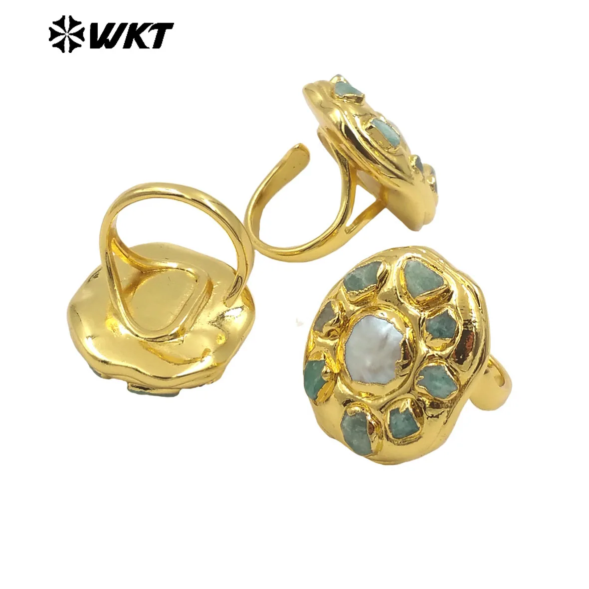 WT-MPR086  WKT 2023 Retro Amazonite And Pearl 18K Gold Plated Women Ring Adjustable Wedding INS Jewelry Popular Design