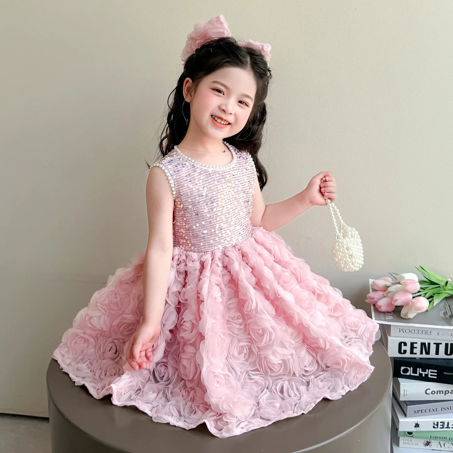 

Custom Luxury Flower Girl Dress Wedding Gown Birthday Party Pageant Catwalk Sleeveless Sequin 3D Rose Pink Tulle Dress فساتين اط