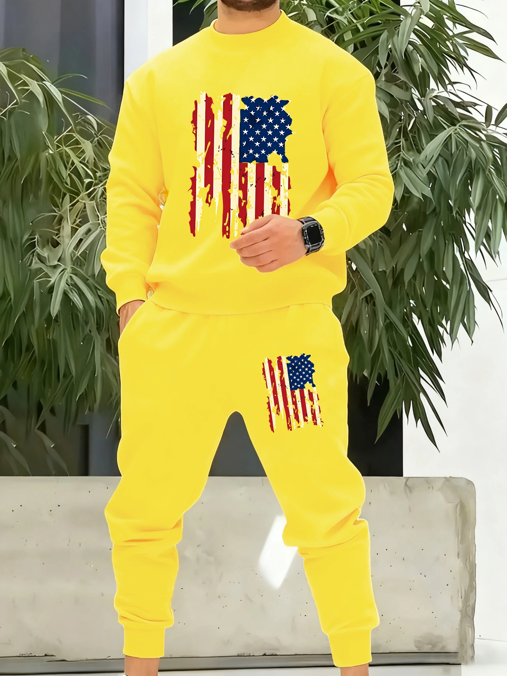 

Retro American Flag Printing Male Tracksuit Hip Hop Colour Top Fleece Simple Pants Vintage Sportset Man Loose Basics Clothes