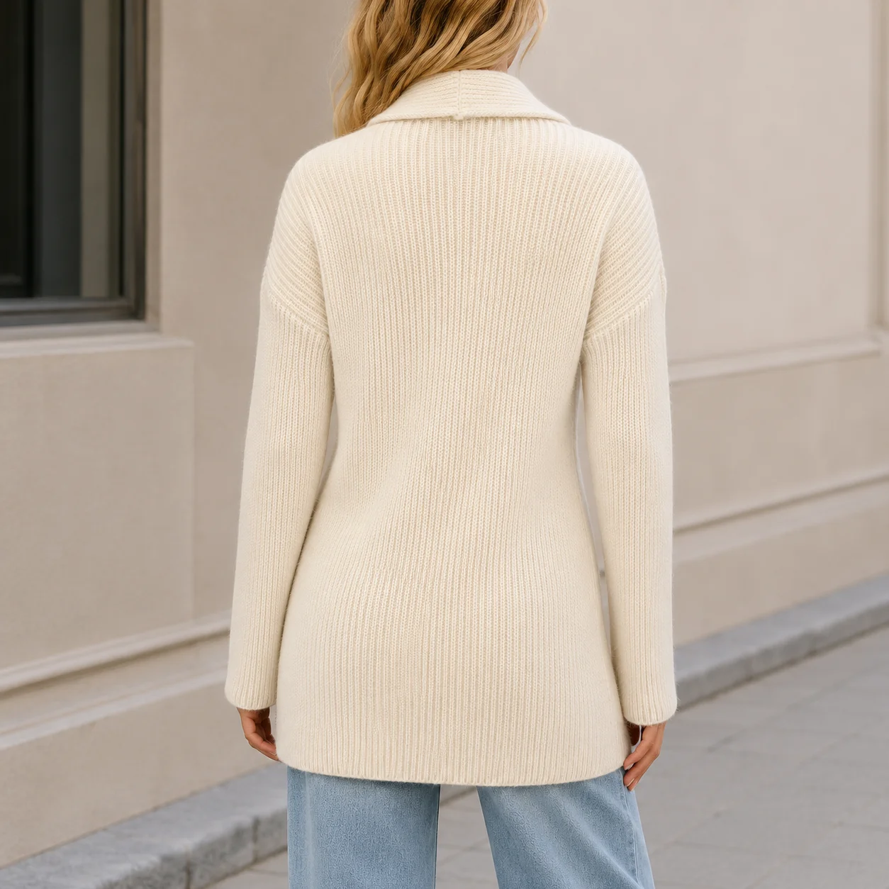 Ladies Off White Open Front Cardigan Shawl Lapel Collar Side Patch Pockets Metal Badge Daily Female Outer Tops