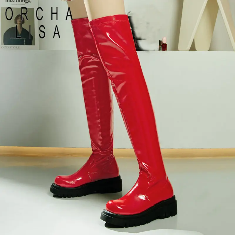 

ORCHA LISA Brand Female Thigh Boots 59cm Round Toe Thick Heels 5.5cm Platform Slip On Sexy Women Stretch Booties Plus Size 42 43