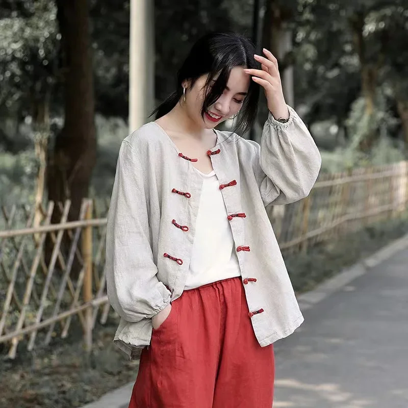 Retro Ethnic Print Linen Shirt Summer Linen  Cotton Women  Clothing  Spring And Autumn Loose Literature Chinoiserie Ladies Top