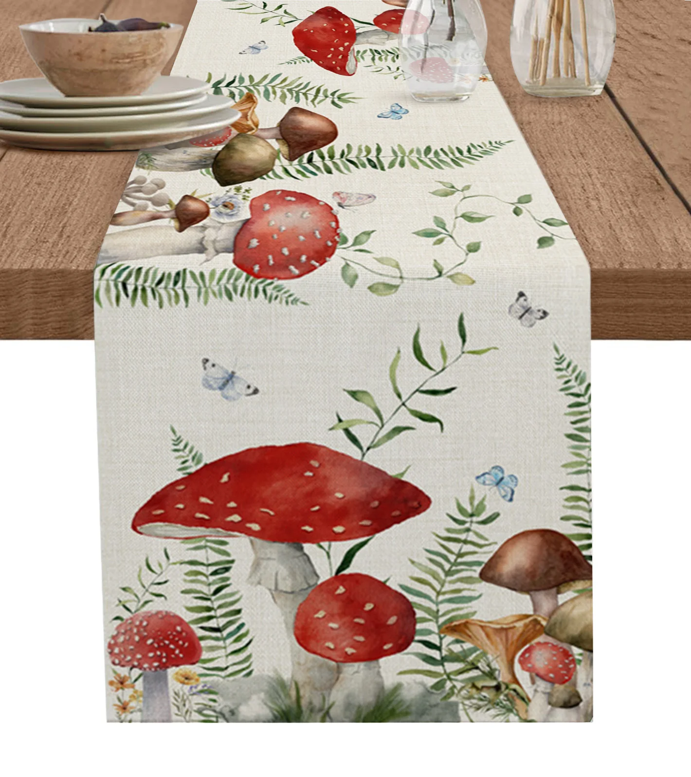 Mushroom Green Plant Butterfly Linen Table Runner Kitchen Table Decoration Farmhouse Dining Table Cloth Wedding Party Decor