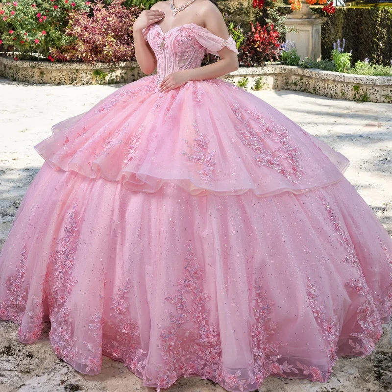 

Pink Ball Gown Quinceanera Dresses Lace Up Off the Shoulder Applique Lace Beads Tull Corset Vestidos 15 De Anos Sweet 16 Dress