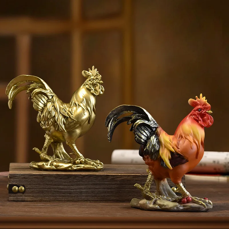 Chinese Pastoral Style Colorful Rooster Sculpture Garden Foyer Furnishings Ornaments Resin Crafts Gift