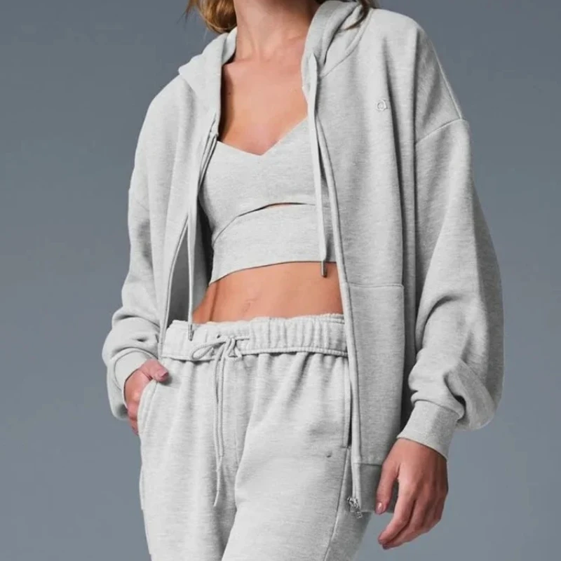 

Women's Casual Solid Color Sport Zipper Jacket Autumn 2025 Outerwear with Pocket Hooded Loose Fit Cotton Coat Fashionable