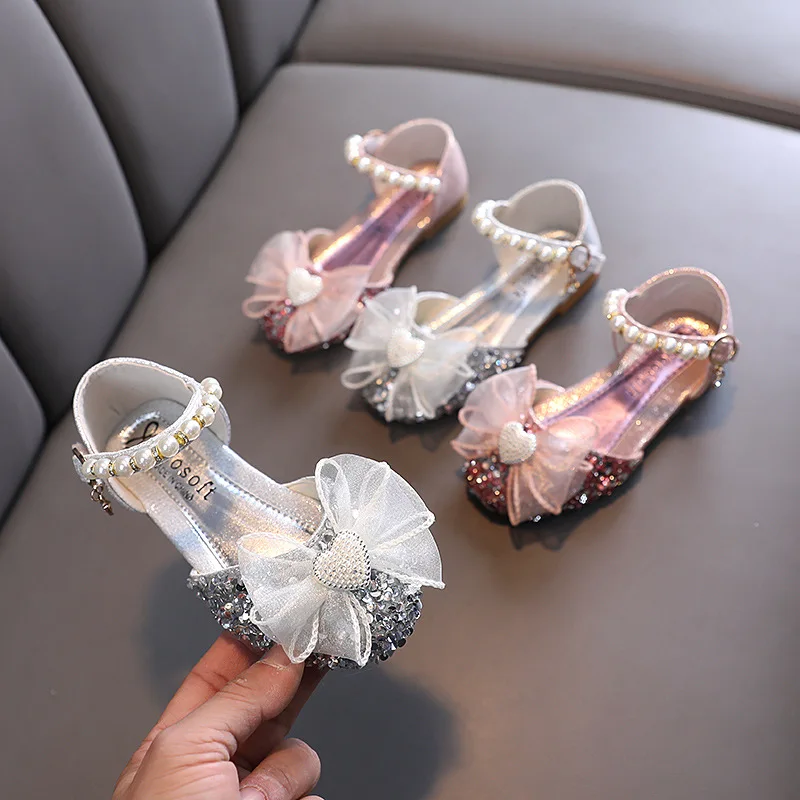 Sandales d\'été en dentelle à paillettes pour filles, chaussures de princesse pour bébés, chaussures de danse en perles, sandales à semelle souple