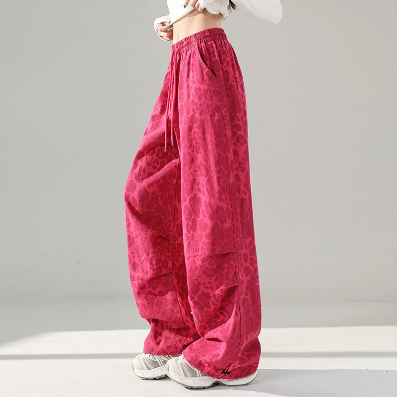 Autumn 2026 Fashionable Washed Leopard Print Wide Leg Cargo Pants Two-Way Wear Casual Sporty Trousers for Women