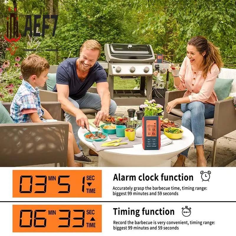 

AEF7-BBQ Монитор температуры с двойным зондом HD HTN Цифровая подсветка Экран дисплея 490 футов Беспроводное соединение Оранжевый для барбекю на открытом воздухе