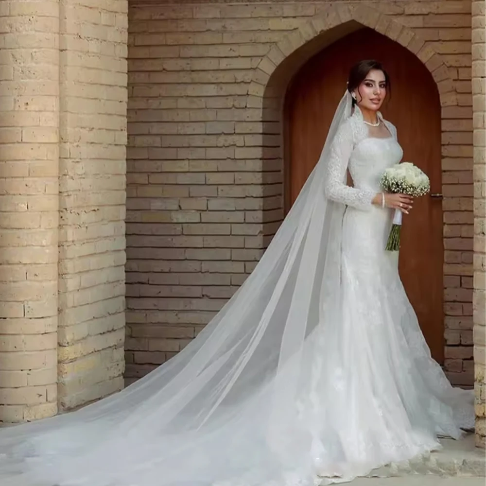 

Arabic Wedding Dresses Square Collar Long Sleeve Mermaid Sweep Train Lace Bridal Gowns Customized فساتين حفلات ا