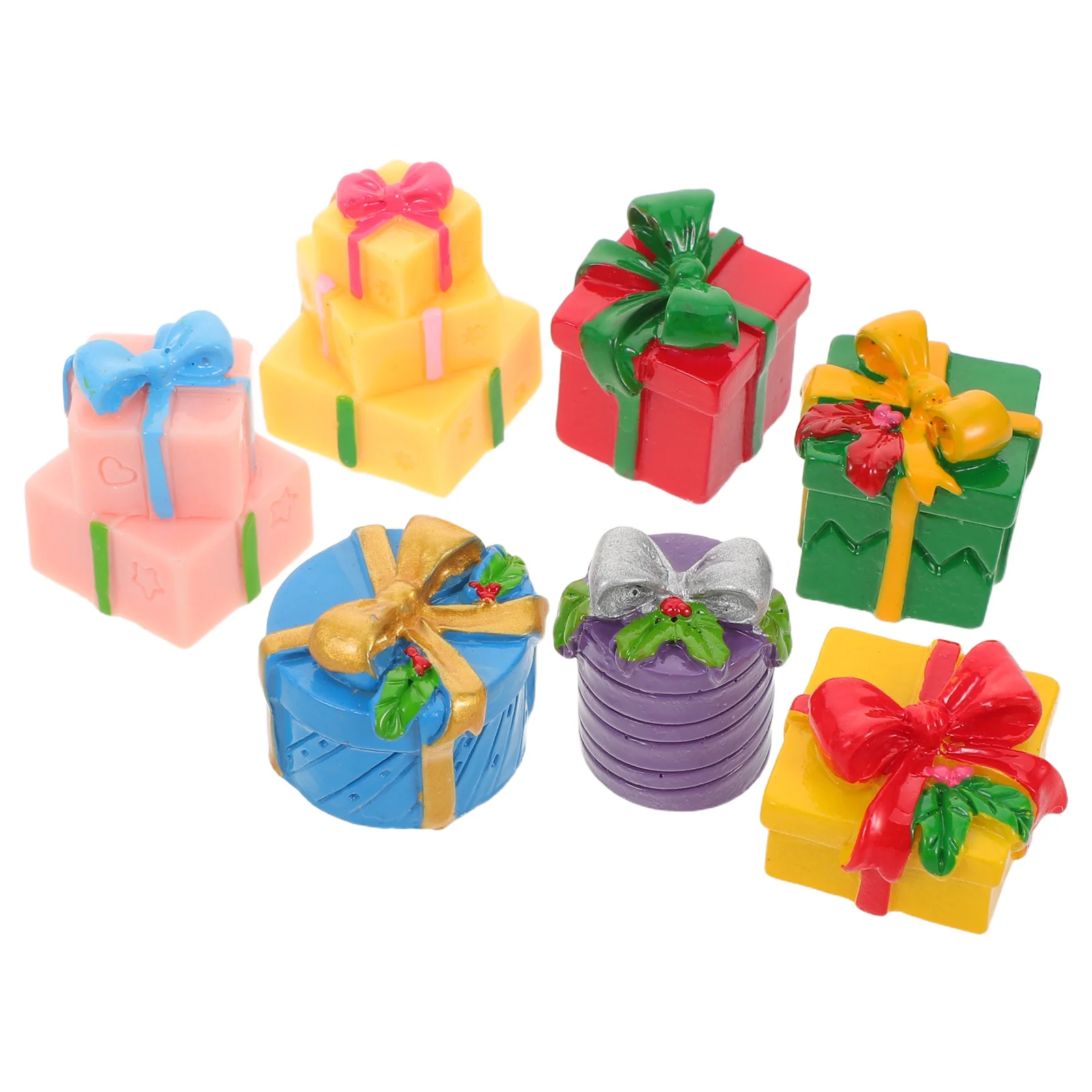 

7Pcs Miniature Resin Gift Box Christmas Ornament Set Vibrant Fading Resistant Craft Decor for Year Round Home Festive