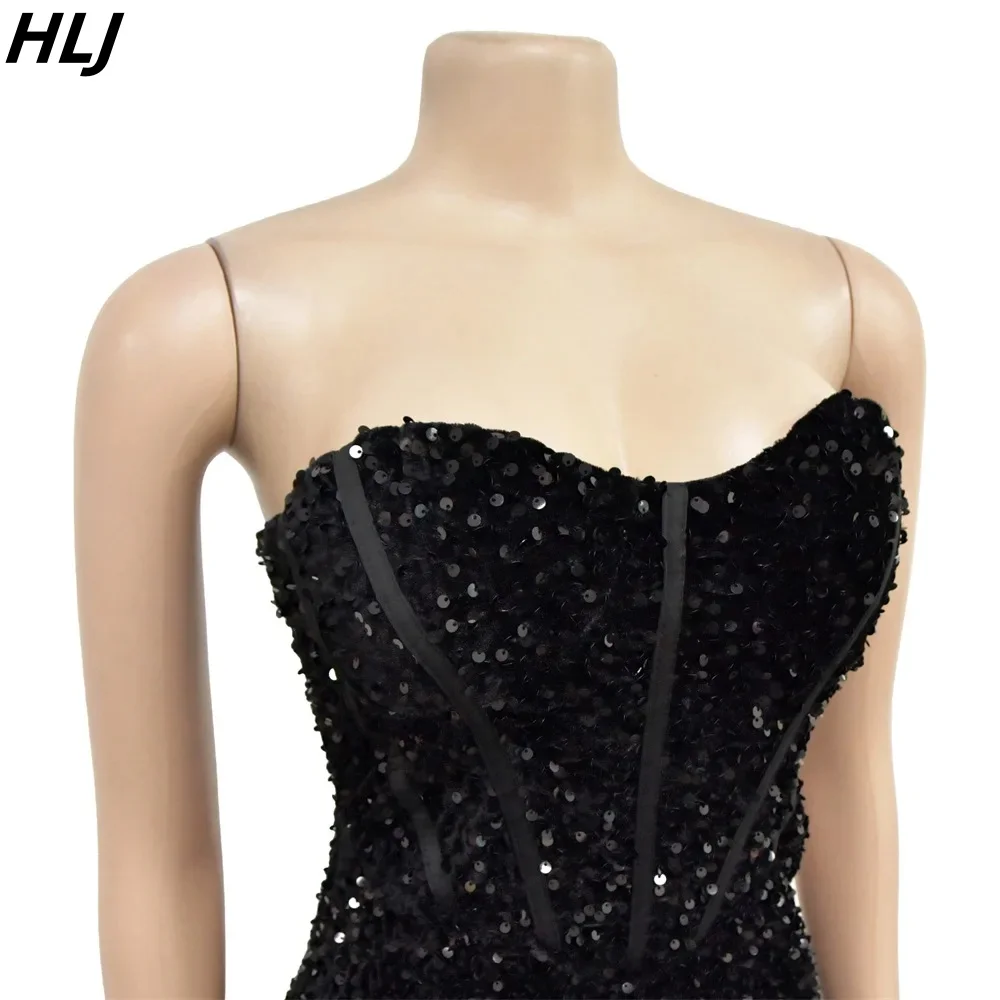 HLJ Fashion Sequin Corset Evening Party Dresses Women Off Shoulder Sleeveless Backless Vestidos Sexy Female Slit Slim Clothing