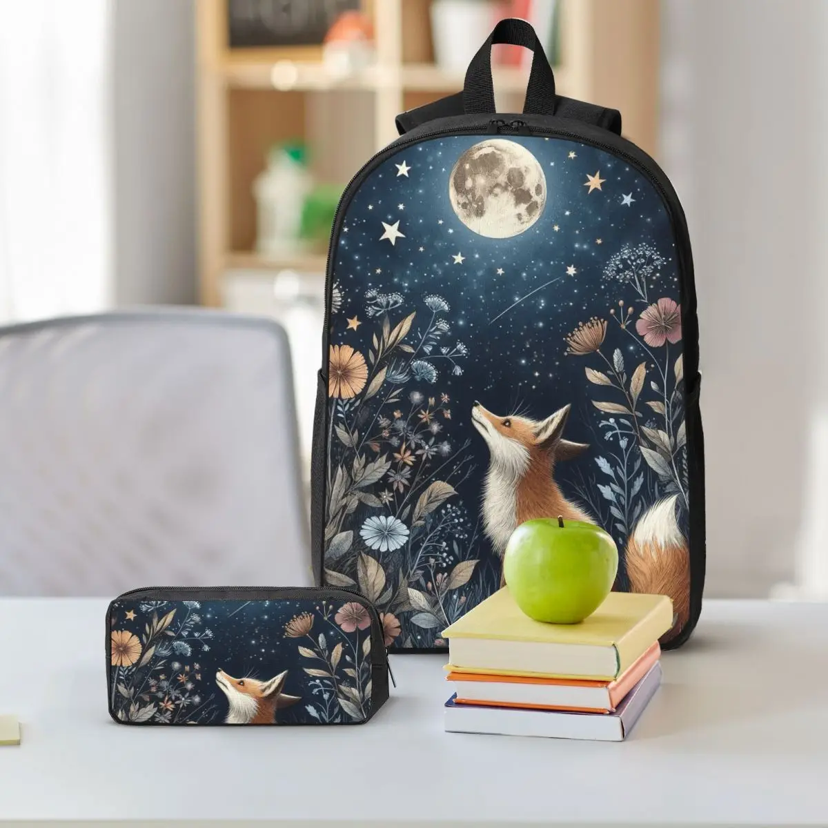 Enchanted Woodland Fox Moonlit Night Backpack Student BookBag School Bag Shoulder Bags 3ps Insulated Lunch Bag Pencil Case