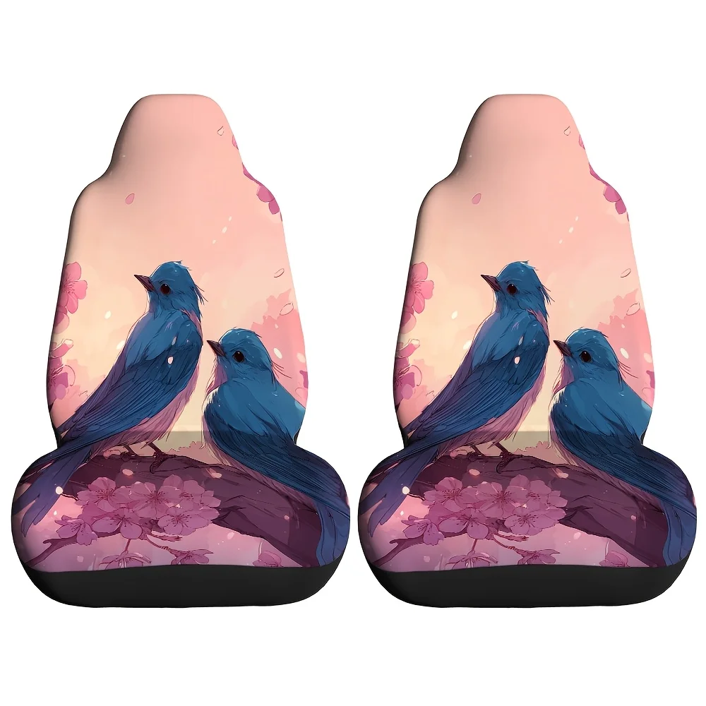 2pcs For Blue Bird Nesting Branch Cherry Blossom Flying Printed Car Seat Covers, Suitable For Sedans, Suvs, Mpvs, Trucks, Durabl