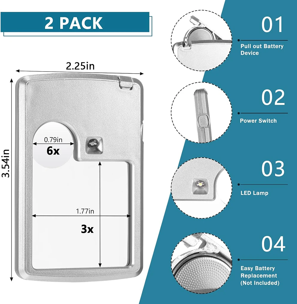 3X 6X Mini Credit Card Illuminated Magnifier with Illumination Leather Case Magnifier Slim Portable Square with LED Lights