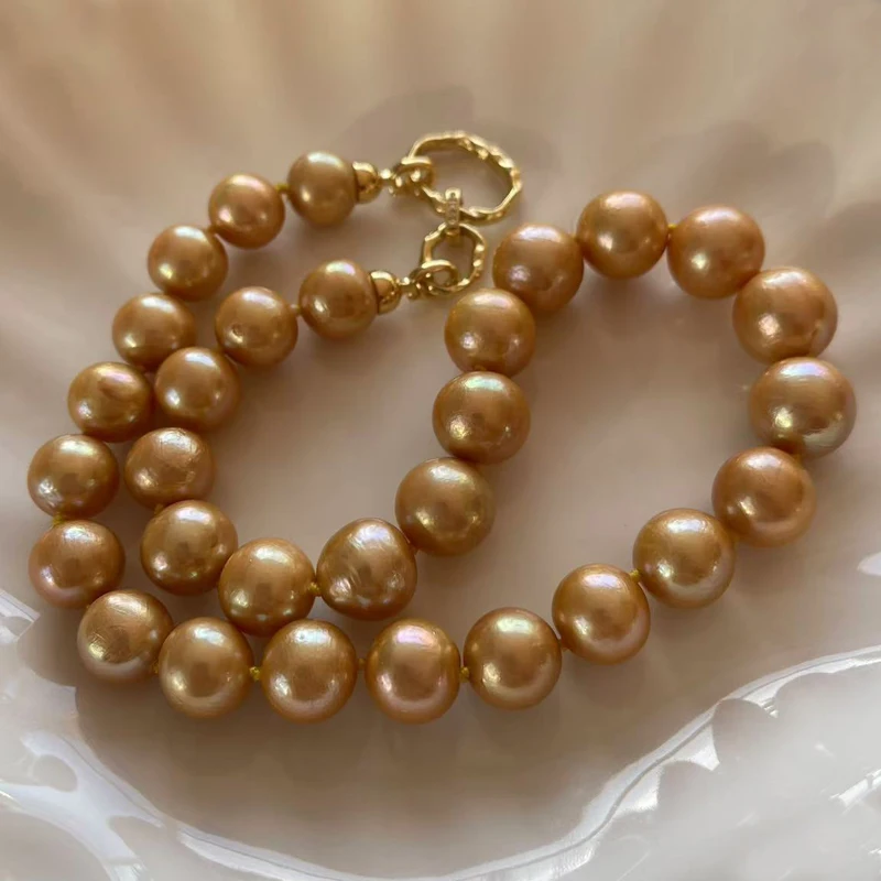17 inches 11-15mm Large Round Golden Natural Edison Pearl Necklace