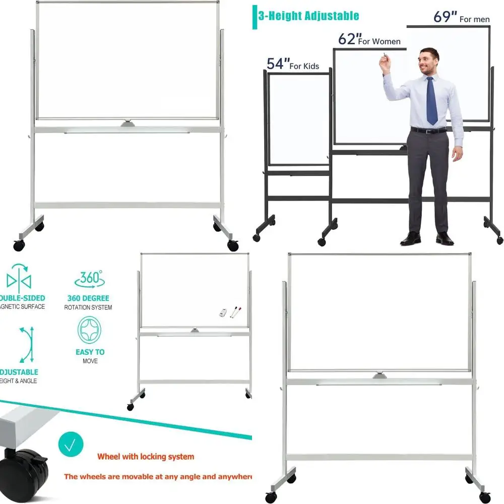سبورة بيضاء متنقلة بارتفاع قابل للتعديل على الوجهين، 32 × 48 بوصة، مع عجلات للمكتب والمدرسة والاستخدام المنزلي #1