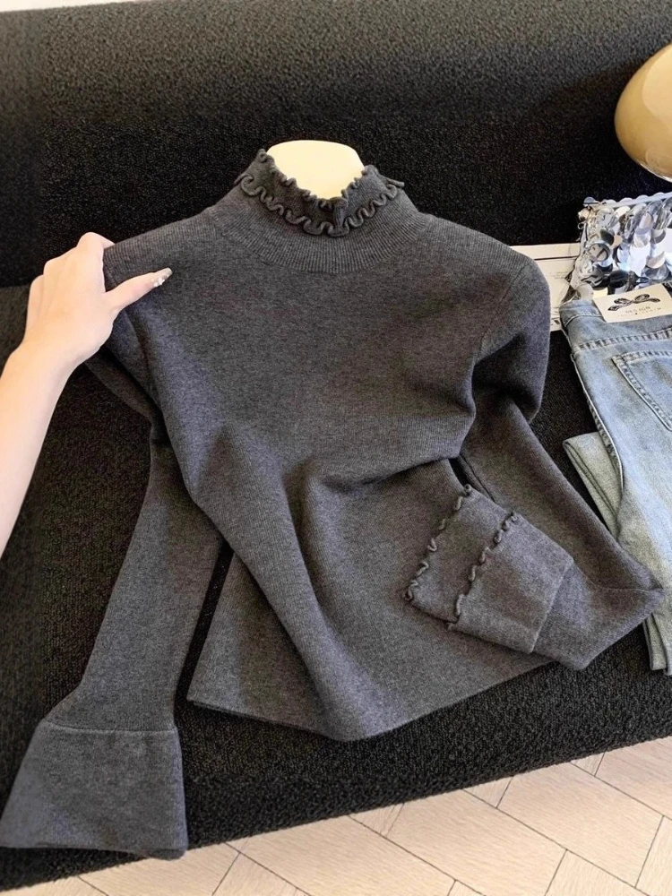Autumn New Black Fungus Edge Knitted Base Shirt Solid Color Simple Versatile Pullover Fashion Soft Comfortable Sweater Women