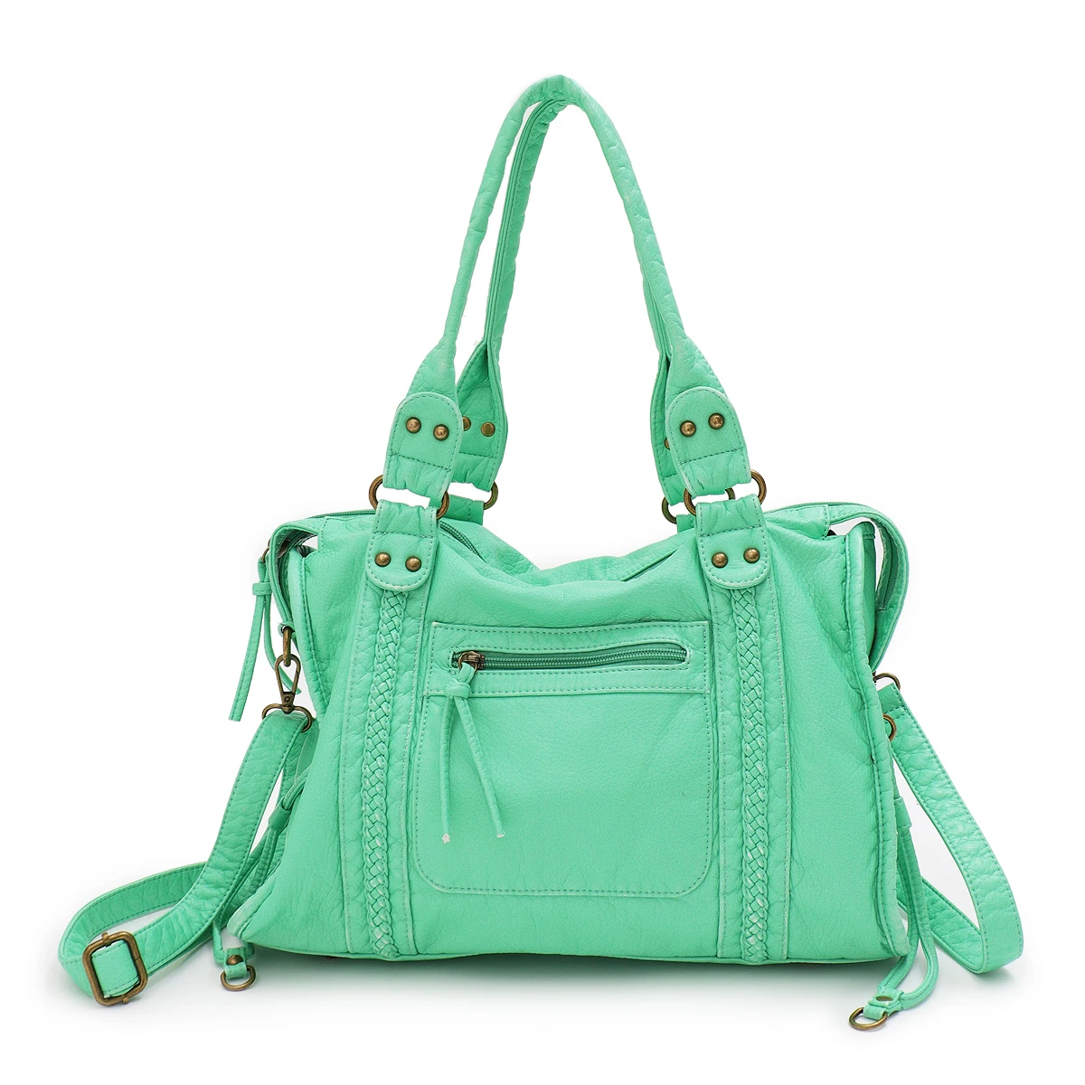 Vintage Gewassen Pu Leer Grote Capaciteit Draagtas Met Rits Gevlochten Decor Schouder Crossbody Tas Unisex Vrouwen Dagelijkse Reishandtas
