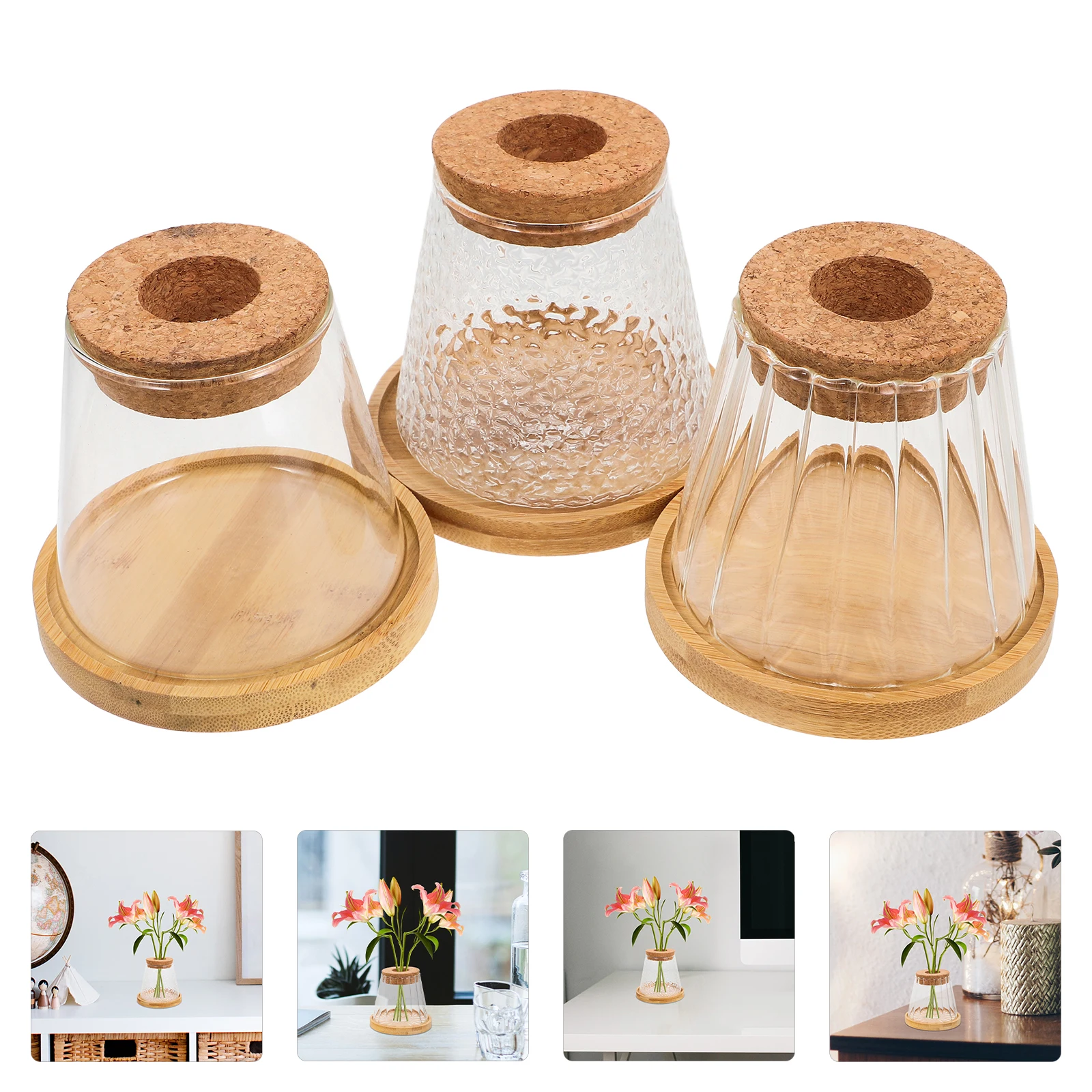 

3 Sets Transparent Glass Vases Plant Propagation Indoor Small Vase Cork Bamboo Tray Modern Decorative Flower Vase Home Dorm
