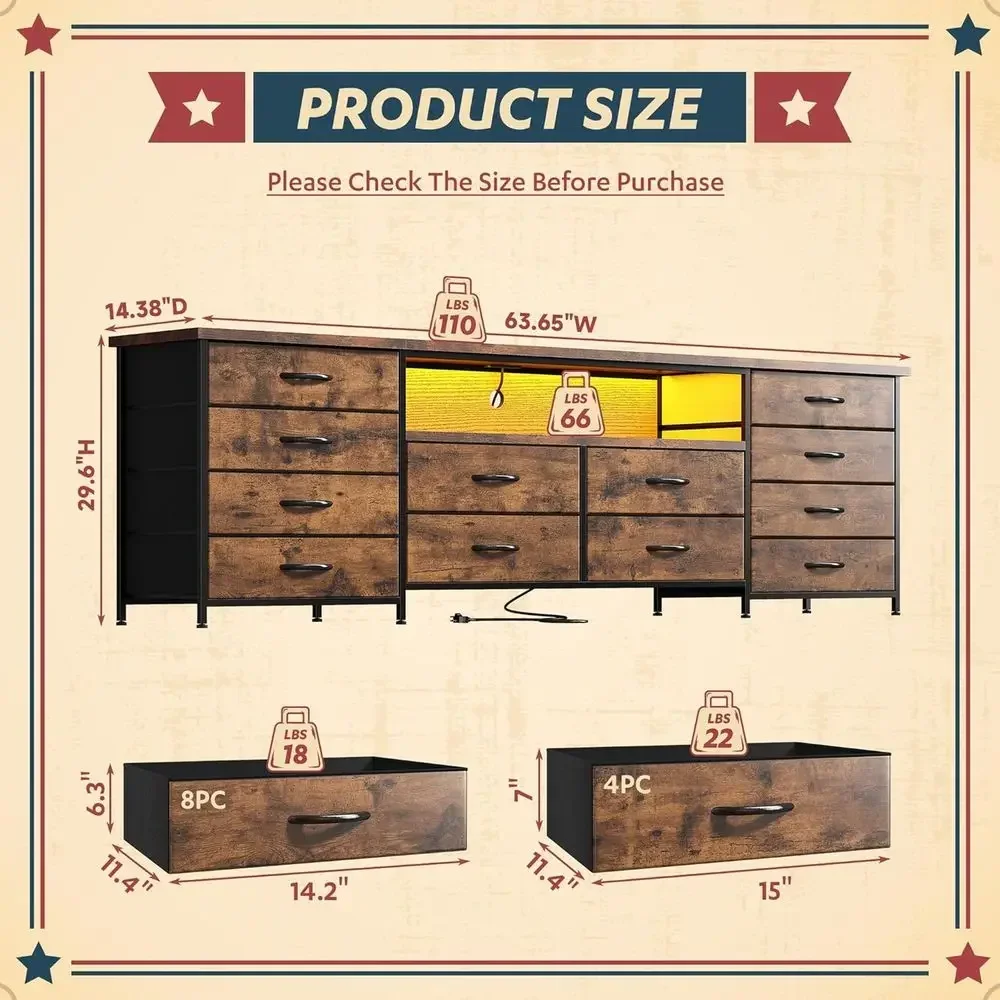 63 Wide Dresser or Bedroom with 12 Fabric Drawers, LED TV Stand with Power Outlets, 65-70 Inch TV, Sturdy Entertainment Center w