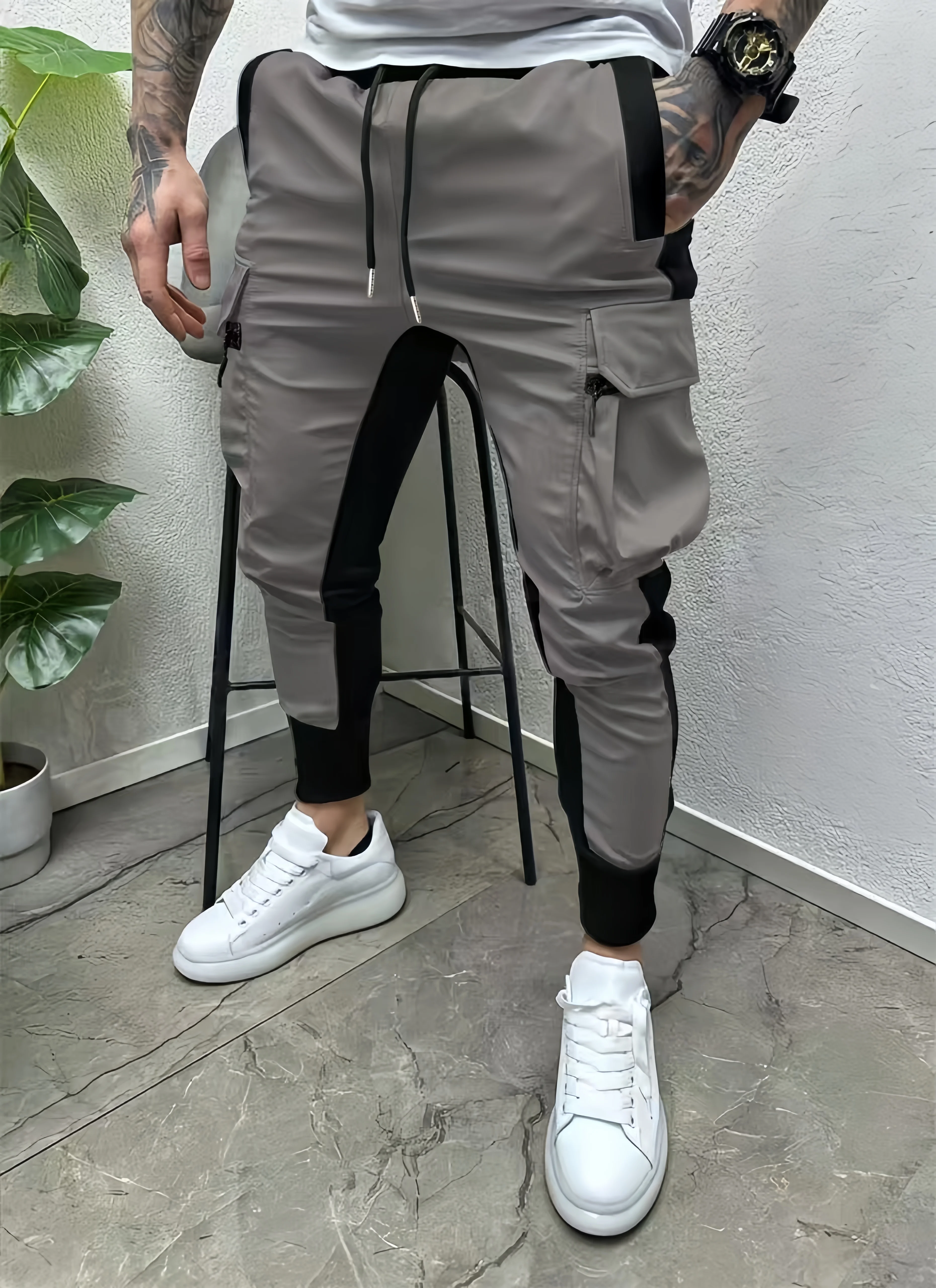 Men's color-matching zippered large pocket casual pants