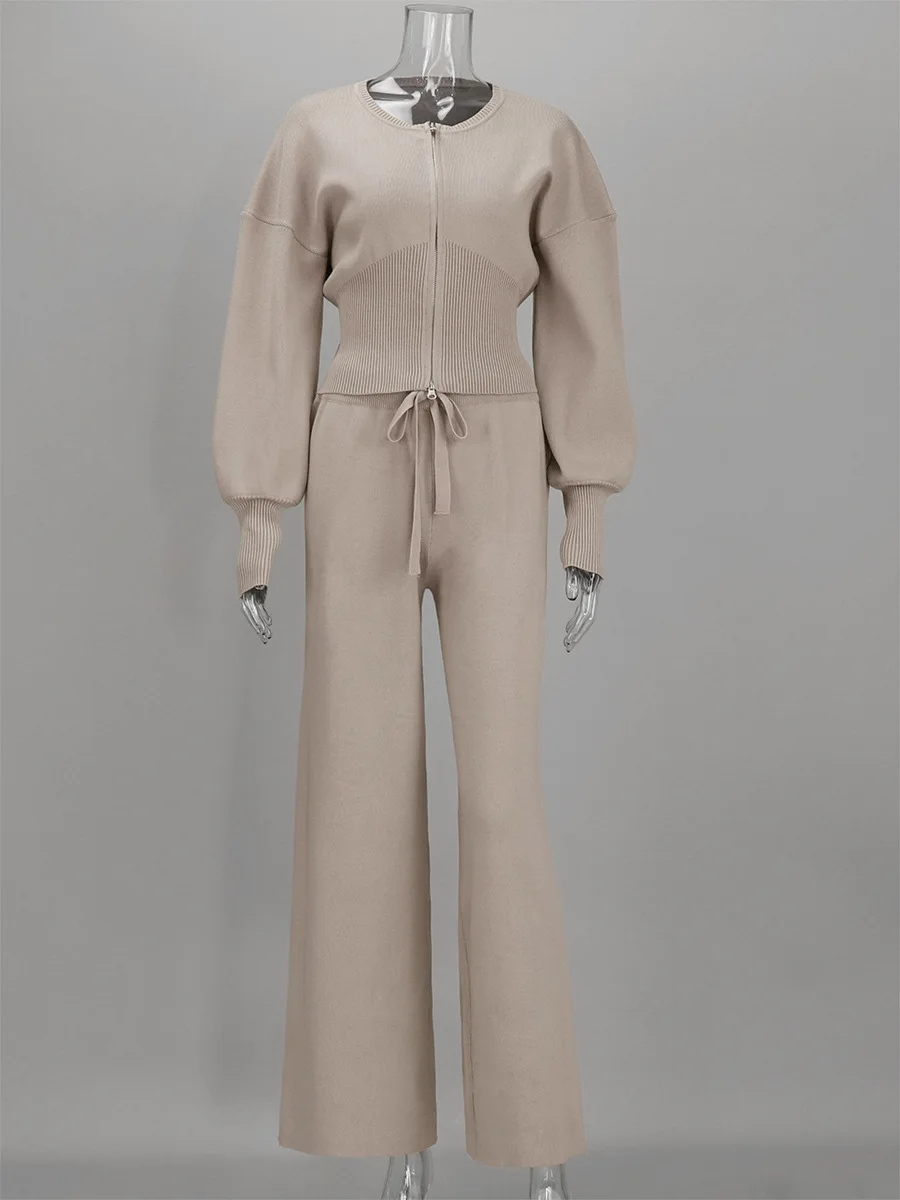 Cross border Europe and America 2026 Autumn/Winter New Collection Waist Zipper Knitted Top High Waist Wide Leg Pants Set