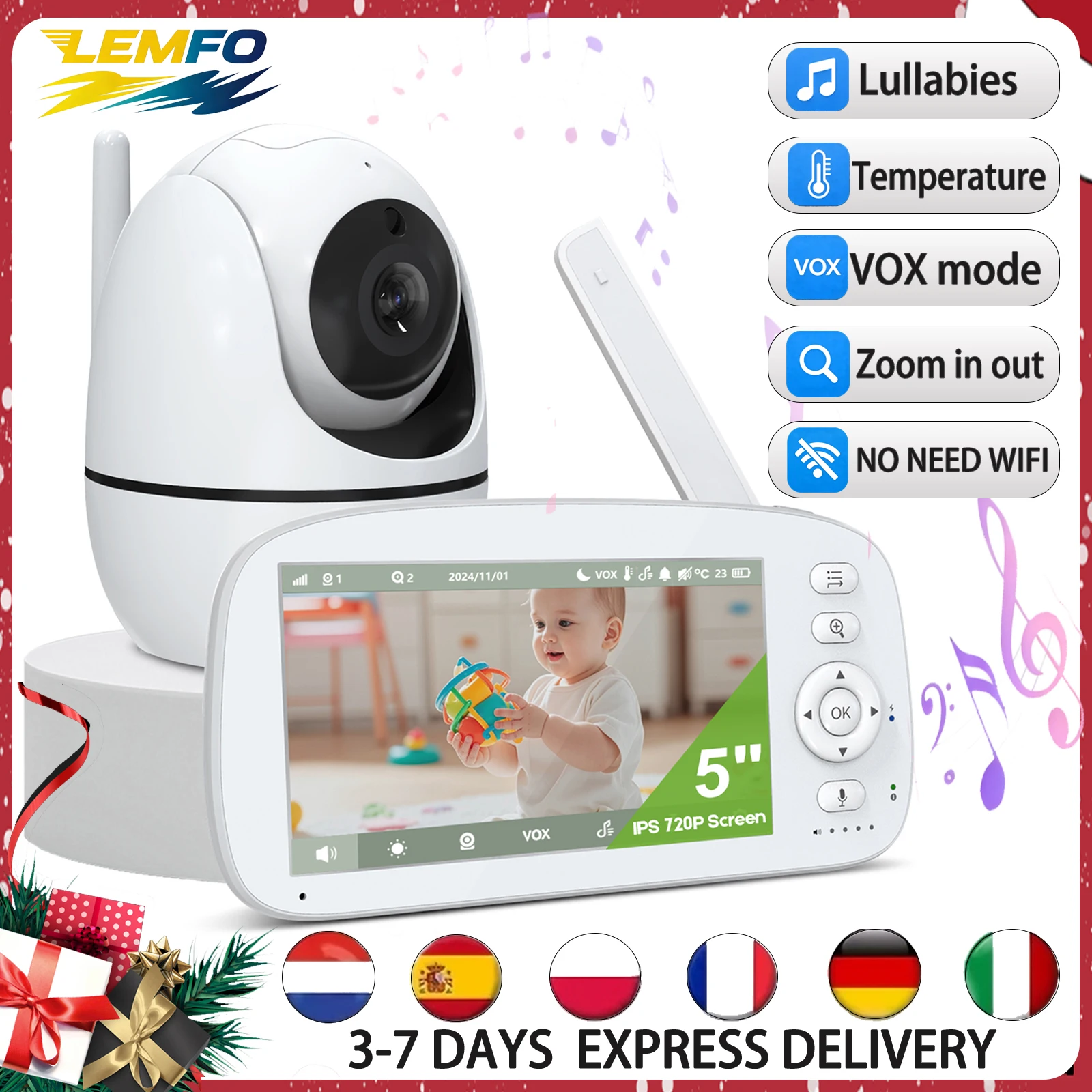5 Babyphone Video HD 720P Rotation 350° °   2 Kameras Babyphone VOX Temperatursensor Nachtsicht Akku 5000 mAh