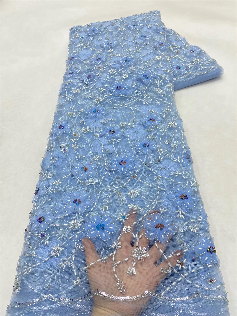 

French 3D Flowers Embroidery Beaded Lace Fabric with Sequins African Nigerian Fabric for Wedding Dress HXZ6148