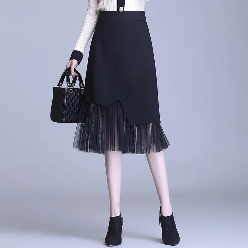 

2023 Spring Summer Women New Irregular OL Commuter Skirts Female High Waist Gauze Fashion Plus Size Skirt Slim Solid Clothing