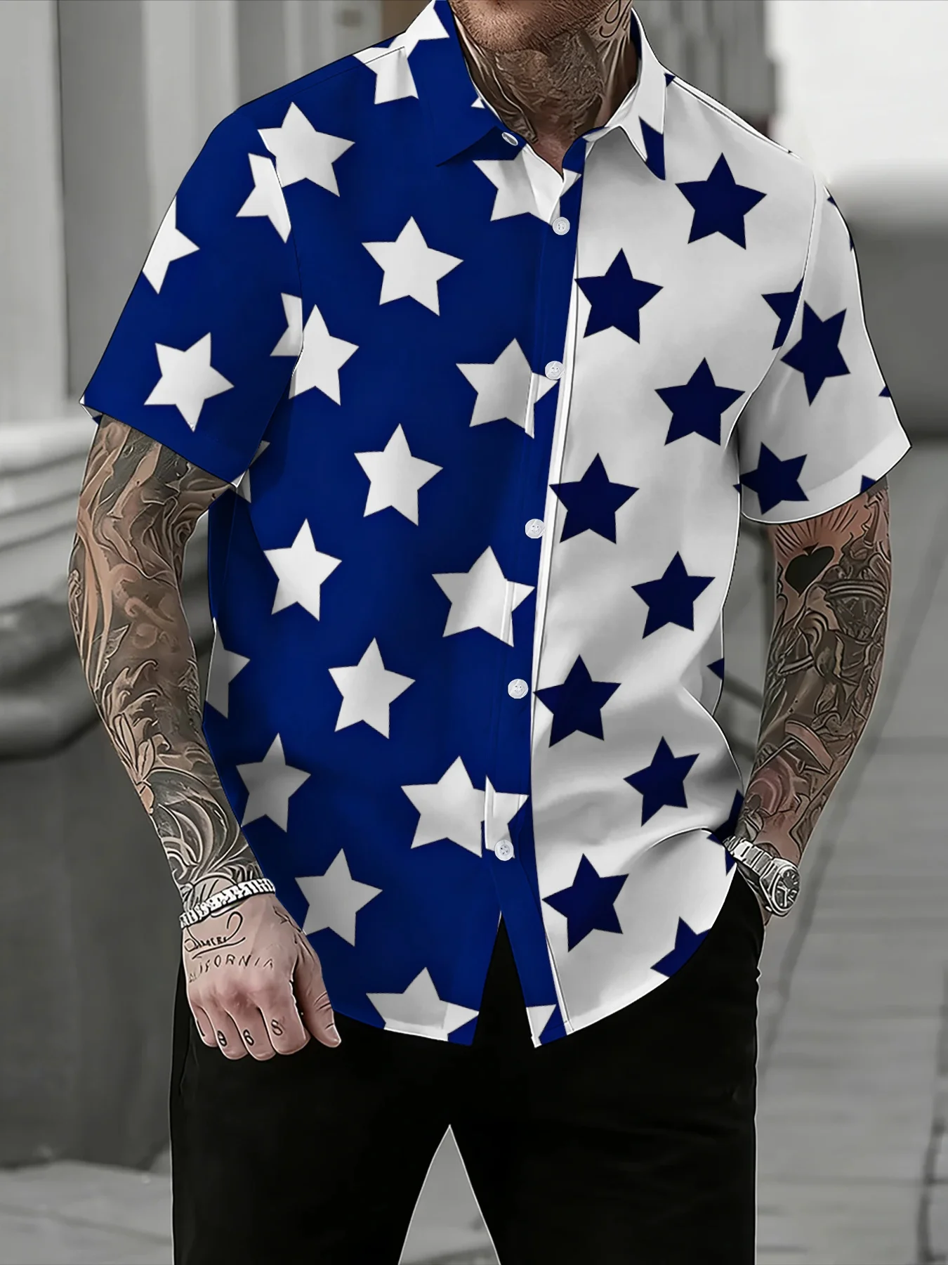 Men's Creative Split Color Star All Over Print Short Sleeve Button Down Shirt, Lapel Regular-fit Patriotic Style Shirt for Summe