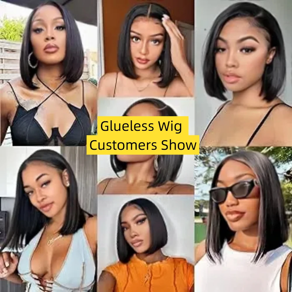 Perruque courte droite sans colle 100% cheveux humains brésiliens Bob pré-cueillies pré-décoriés sans colle prêt à porter perruques 200% densité