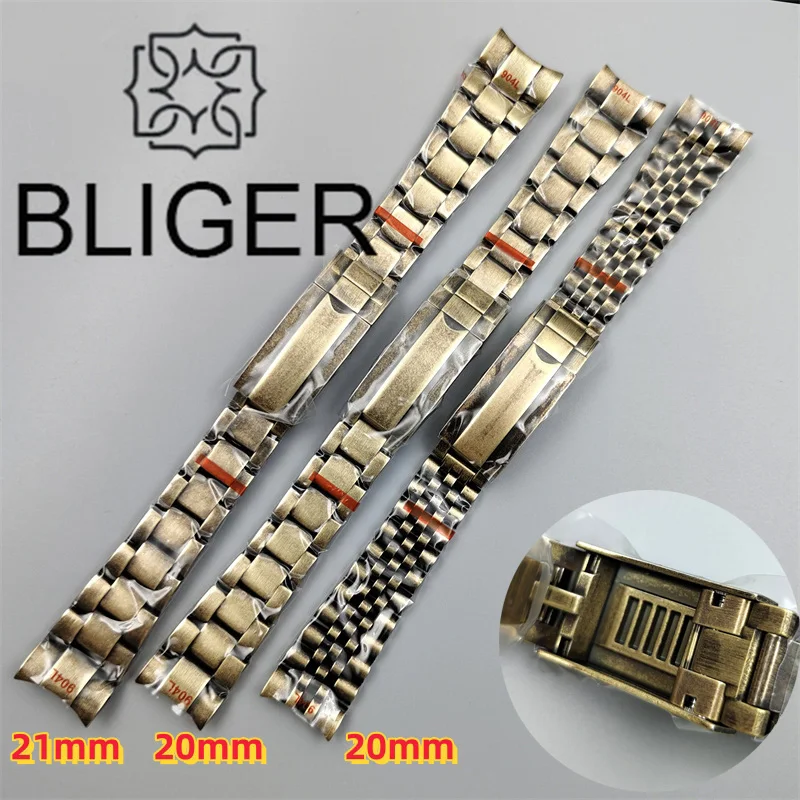 BLIGER 20mm/21mm Steel Strap Bronze Coated Watch Band Solid 904L Stainless Steel Glide Folding Buckle Fits 40mm/43mm Case