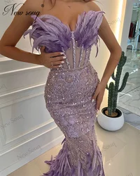 Dubai Design Feathers Lilac Evening Dresses Robes De Cocktail Elegant Saudi Arabic Beaded Celebrity Dress Wedding Party Gowns