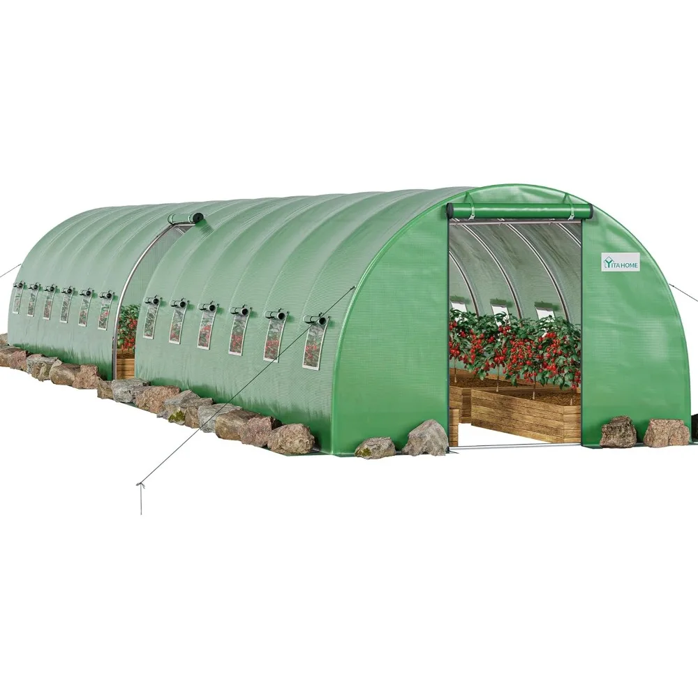 44x10x7ft Greenhouse Extra Duty 4 Zipper Doors Outdoor Greenhouses 24 Windows Walk in Tunnel Green House ,Green House