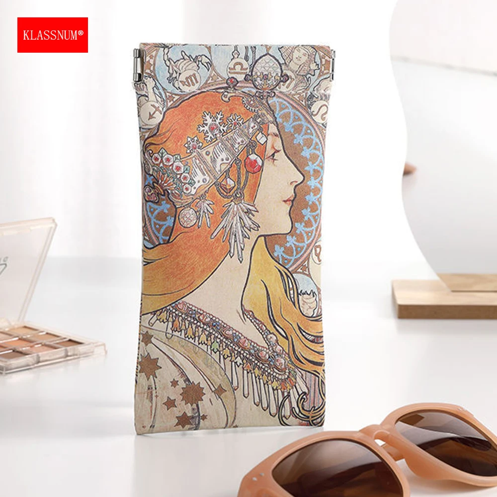 KLASSNUM Vintage Art Print Glasses Pouch PU Leather Automatic Closure Portable Storage Bag for Sunglasses Reading Glasses 2026
