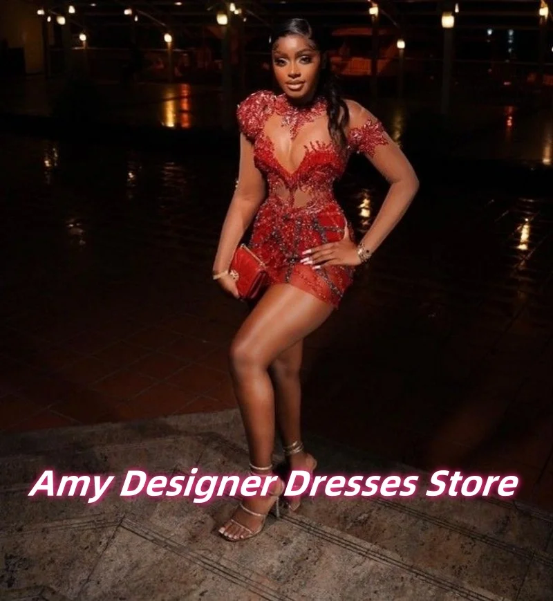 Sexy vermelho ver através de mini vestidos de baile meninas africanas frisado applique alta pescoço vestido de festa de aniversário vestidos de cocktail personalizado