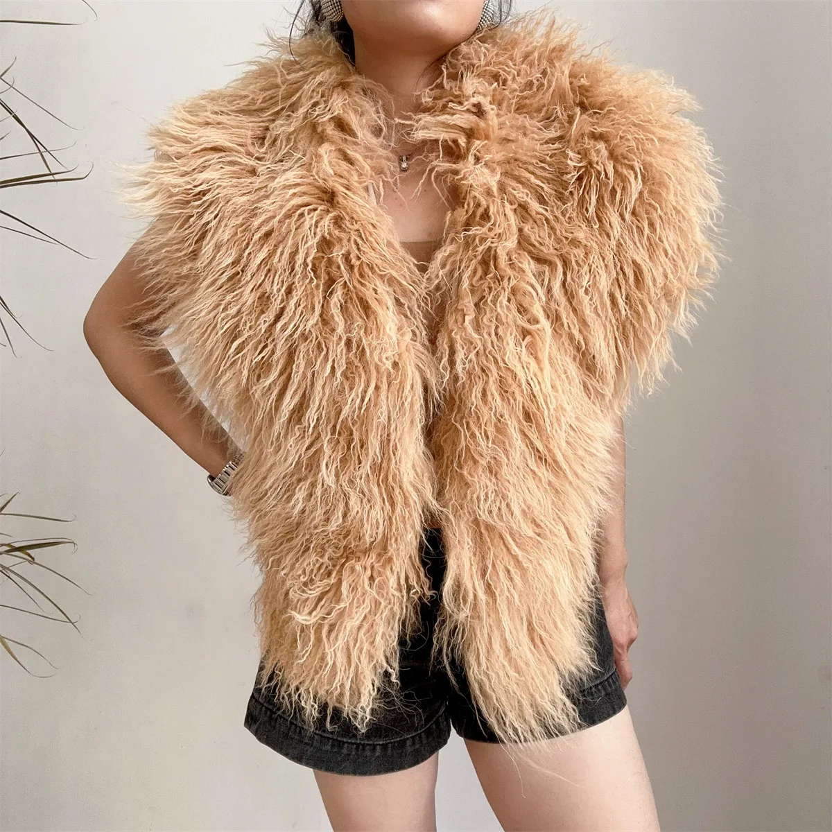Real Mongolian Fur Vest White Black Fluffy Fashion Sexy Luxury V-Neck Backless Sleeveless Jacket Top Outerwear Coat 2025
